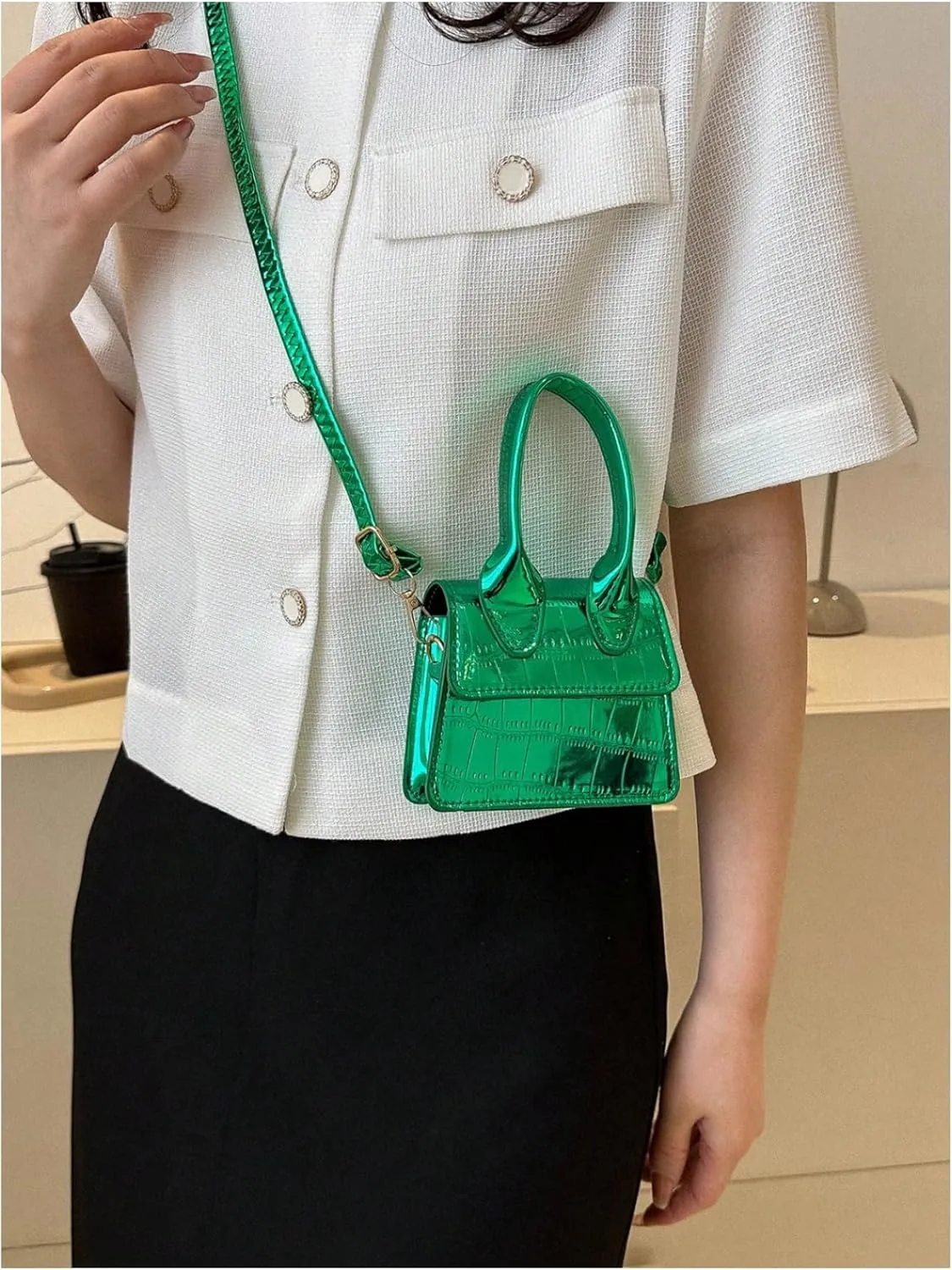 GORGLITTER Women's Crocodile Embossed Mini Square Bag Metallic Top Handle Crossbody Handbag Flap Clutch Bags