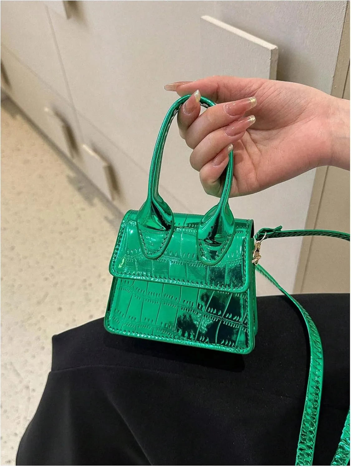 GORGLITTER Women's Crocodile Embossed Mini Square Bag Metallic Top Handle Crossbody Handbag Flap Clutch Bags