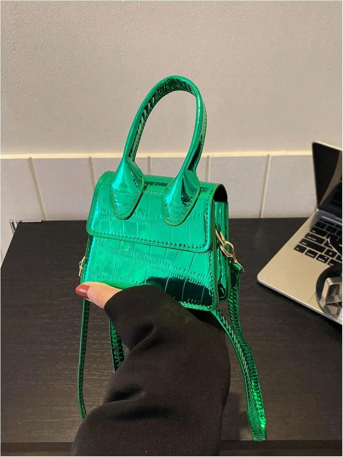GORGLITTER Women's Crocodile Embossed Mini Square Bag Metallic Top Handle Crossbody Handbag Flap Clutch Bags