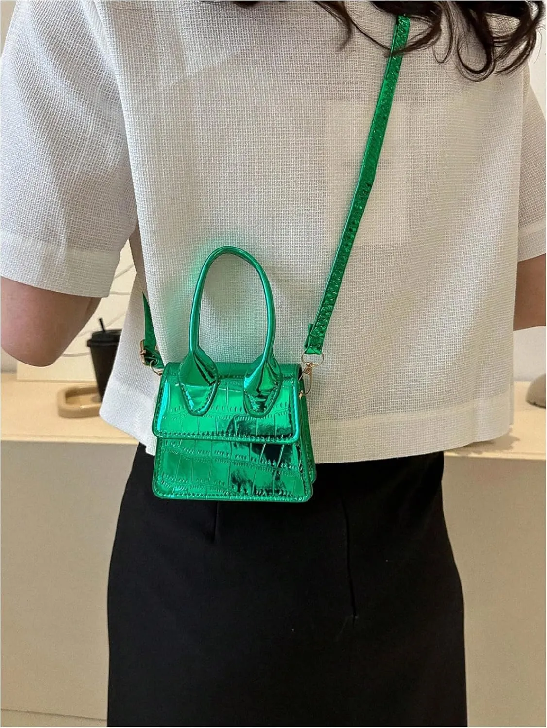 GORGLITTER Women's Crocodile Embossed Mini Square Bag Metallic Top Handle Crossbody Handbag Flap Clutch Bags
