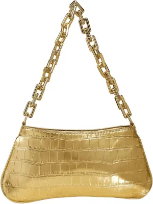 GORGLITTER Women's Metallic Shoulder Bag Crocodile Embossed Clutch Purse Chain Zipper Closure Funky Handbag