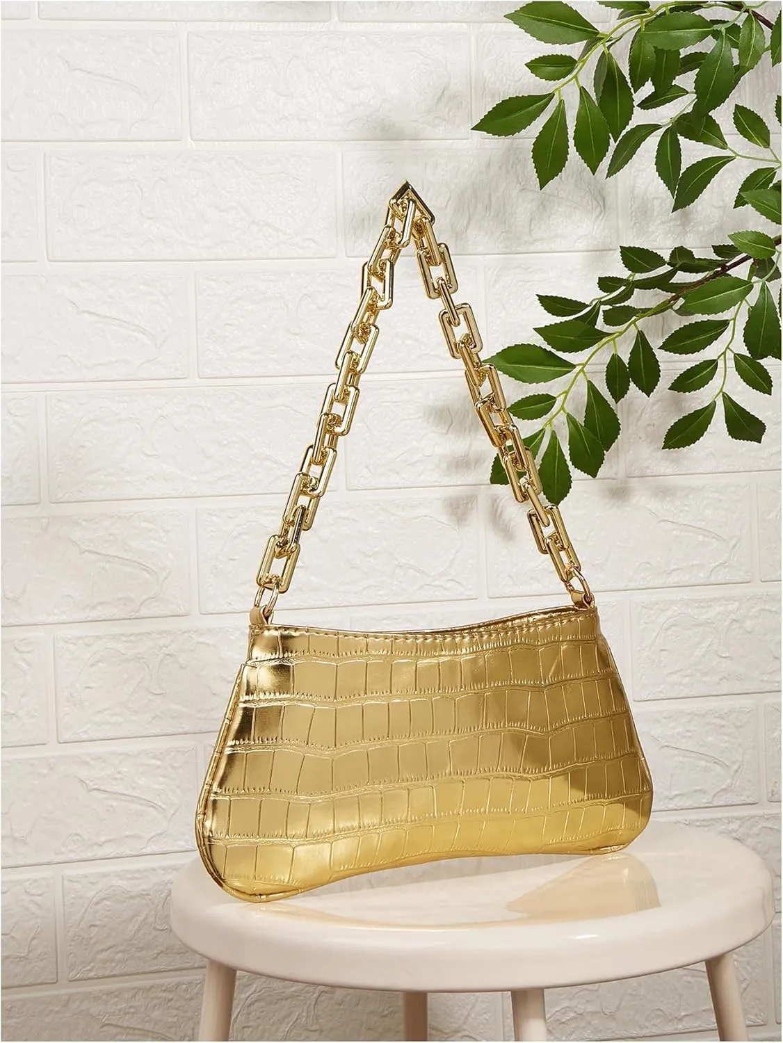 GORGLITTER Women's Metallic Shoulder Bag Crocodile Embossed Clutch Purse Chain Zipper Closure Funky Handbag