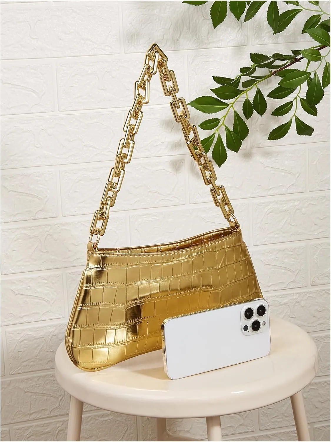 GORGLITTER Women's Metallic Shoulder Bag Crocodile Embossed Clutch Purse Chain Zipper Closure Funky Handbag