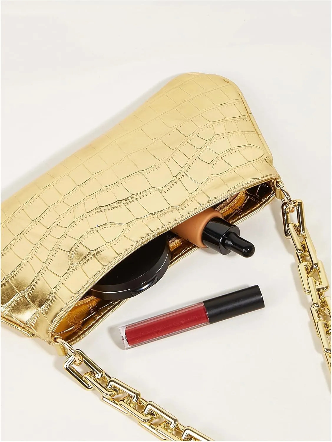 GORGLITTER Women's Metallic Shoulder Bag Crocodile Embossed Clutch Purse Chain Zipper Closure Funky Handbag