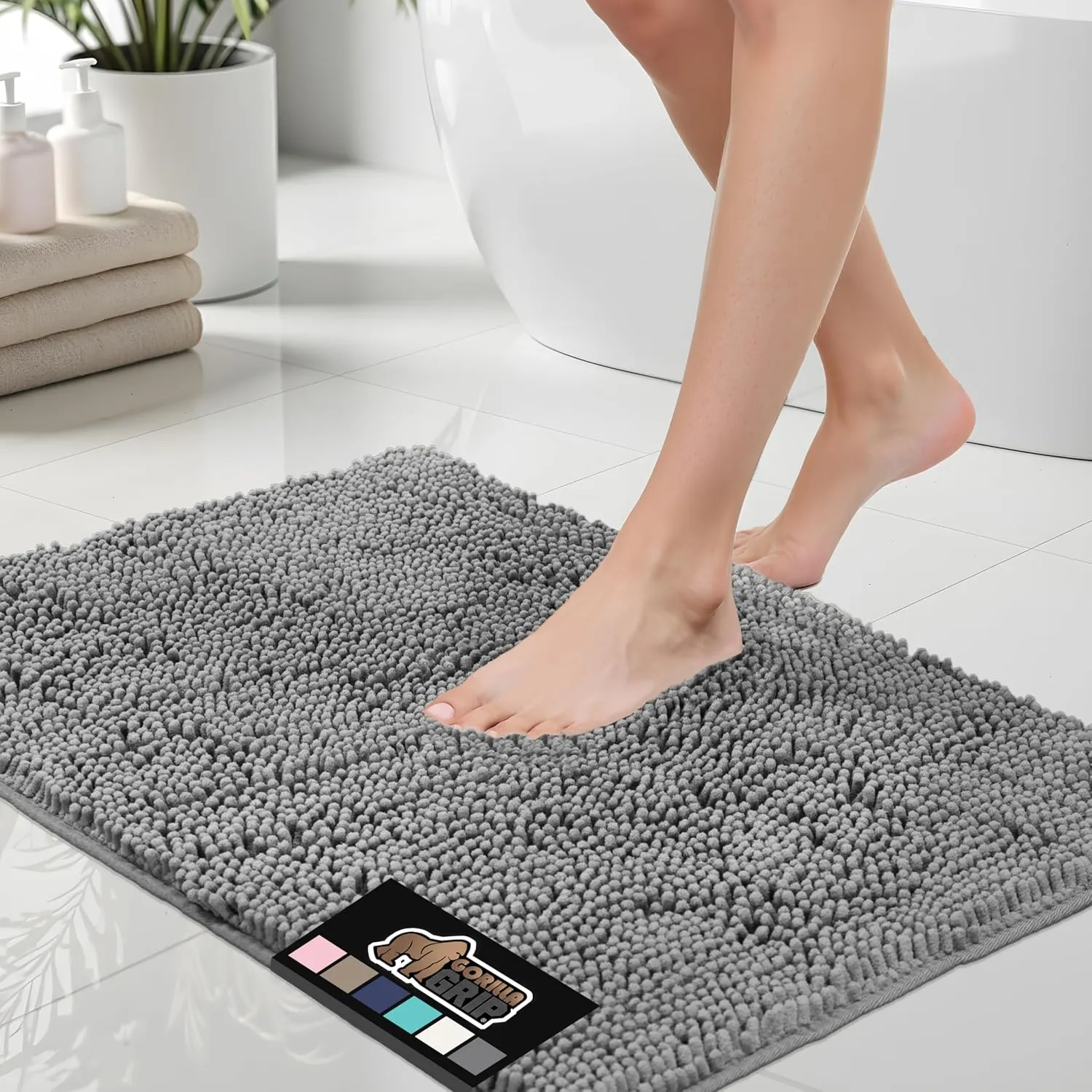 GORILLA GRIP Bath Rug Mat 30x20, Thick Soft Absorbent Chenille, Quick Dry Microfiber Mats, Rubber Backing Machine Washable Shower Floor Rugs, Bathmat Runner, Bathroom Home Decor Accessories, Grey