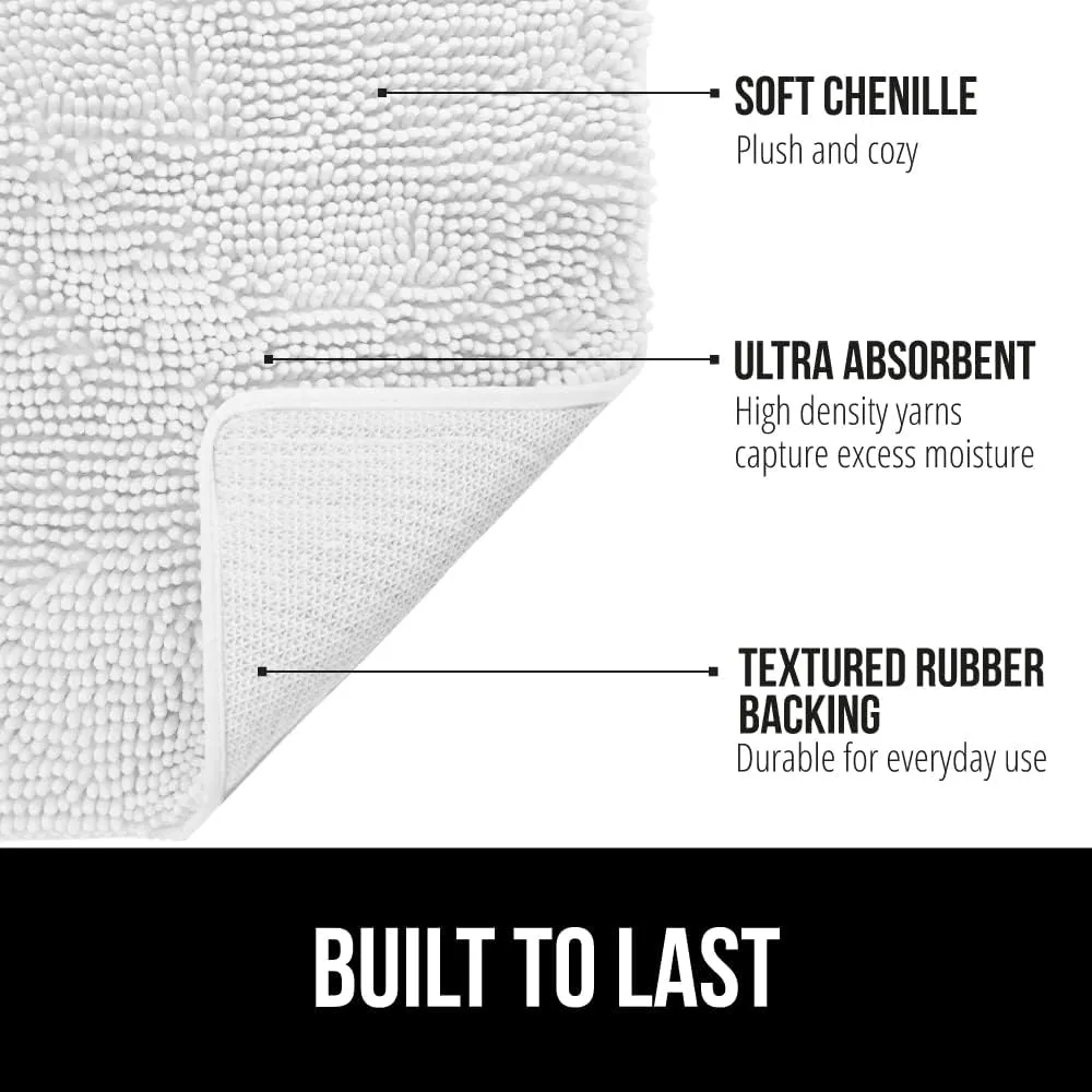GORILLA GRIP Bath Rug Mat 42x24, Thick Soft Absorbent Chenille, Quick Dry Microfiber Mats, Rubber Backing Machine Washable Shower Floor Rugs, Bathmat Runner, Bathroom Home Decor Accessories, White