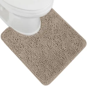 GORILLA GRIP Plush Absorbent Shaggy Chenille Bath Rug Mat for Oval Toilet Base with Rubber Backing, Machine Washable Rugs, Soft Microfiber Contour Mats for Toilets, Bathoom Decor, 22.5x19.5, Beige