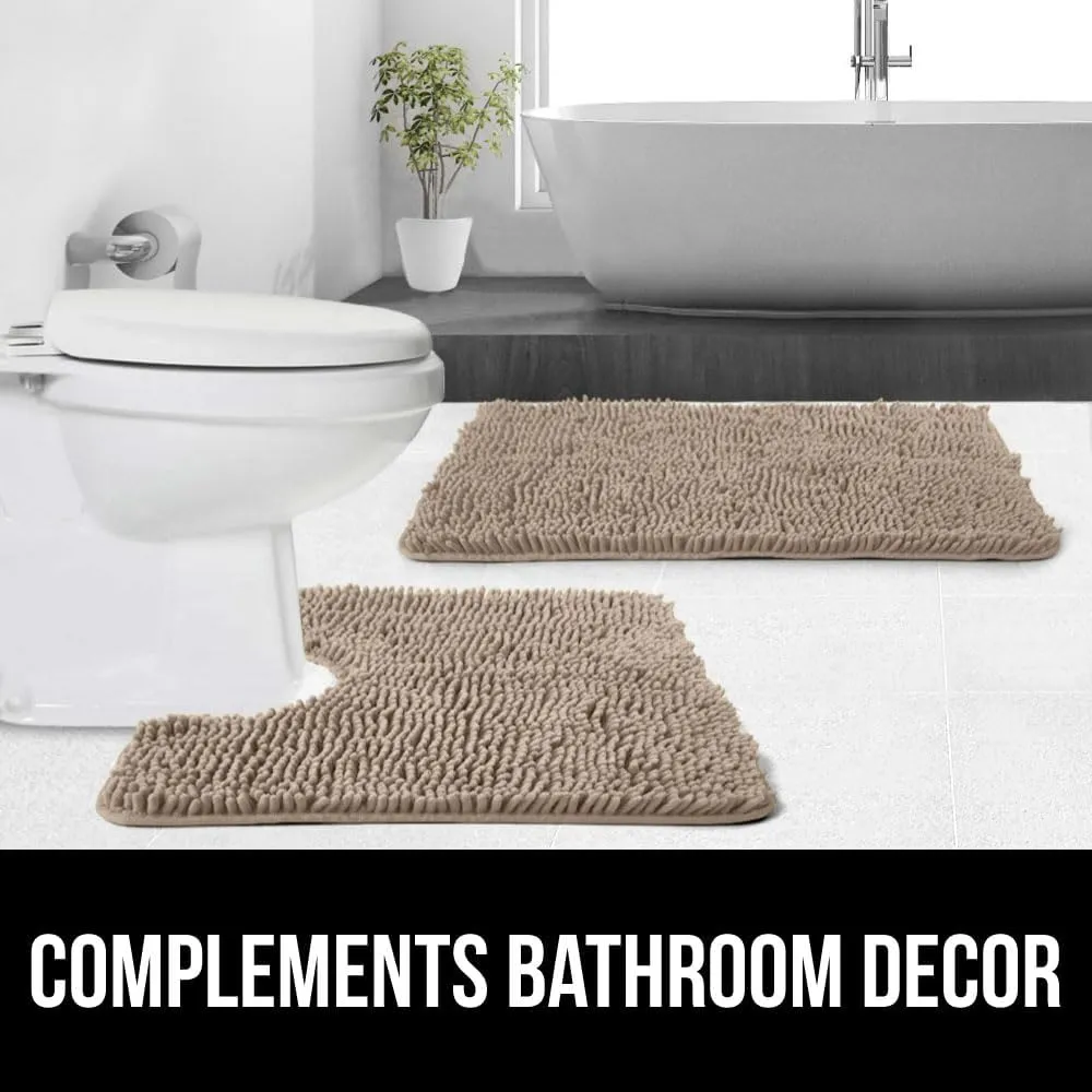 GORILLA GRIP Plush Absorbent Shaggy Chenille Bath Rug Mat for Oval Toilet Base with Rubber Backing, Machine Washable Rugs, Soft Microfiber Contour Mats for Toilets, Bathoom Decor, 22.5x19.5, Beige