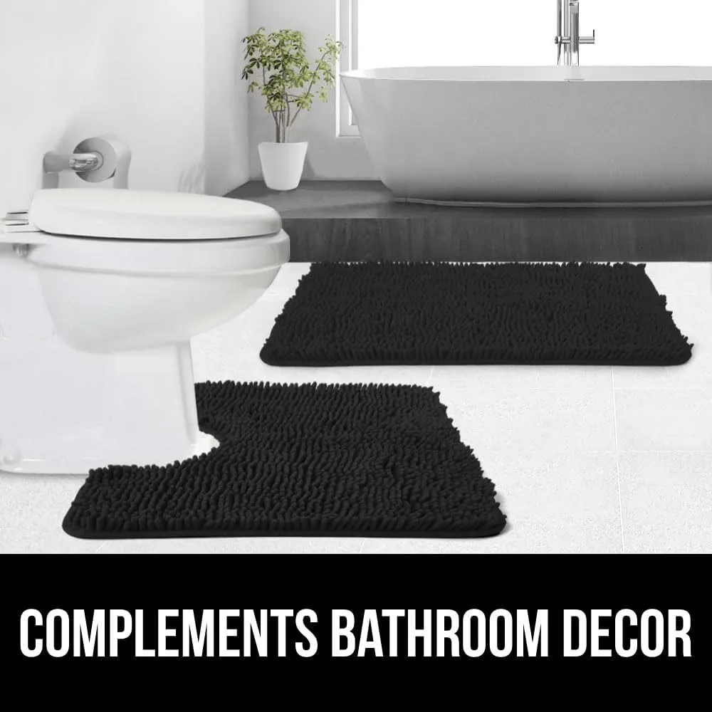 GORILLA GRIP Plush Absorbent Shaggy Chenille Bath Rug Mat for Oval Toilet Base with Rubber Backing, Machine Washable Rugs, Soft Microfiber Contour Mats for Toilets, Bathoom Decor, 22.5x19.5, Black