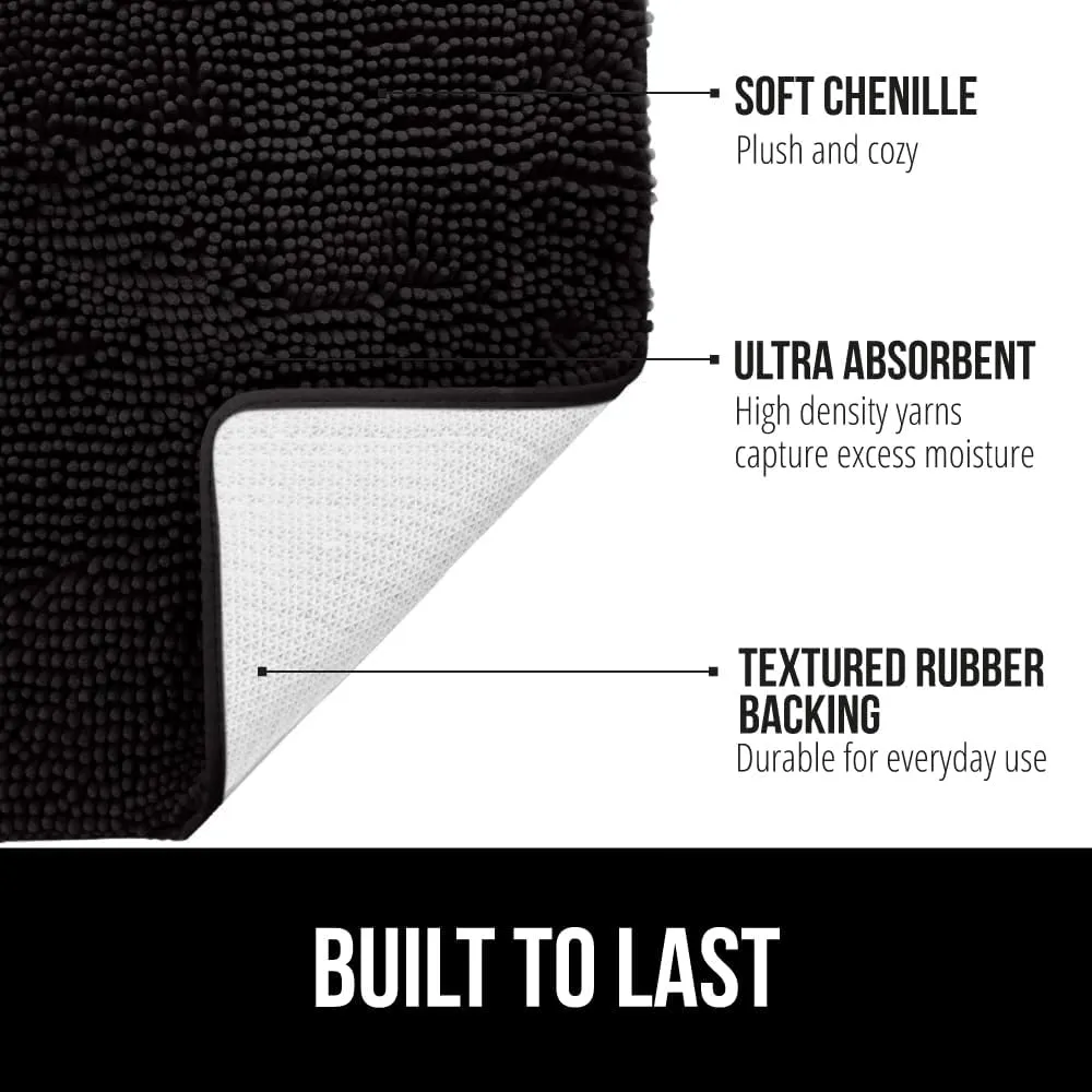 GORILLA GRIP Plush Absorbent Shaggy Chenille Bath Rug Mat for Oval Toilet Base with Rubber Backing, Machine Washable Rugs, Soft Microfiber Contour Mats for Toilets, Bathoom Decor, 22.5x19.5, Black