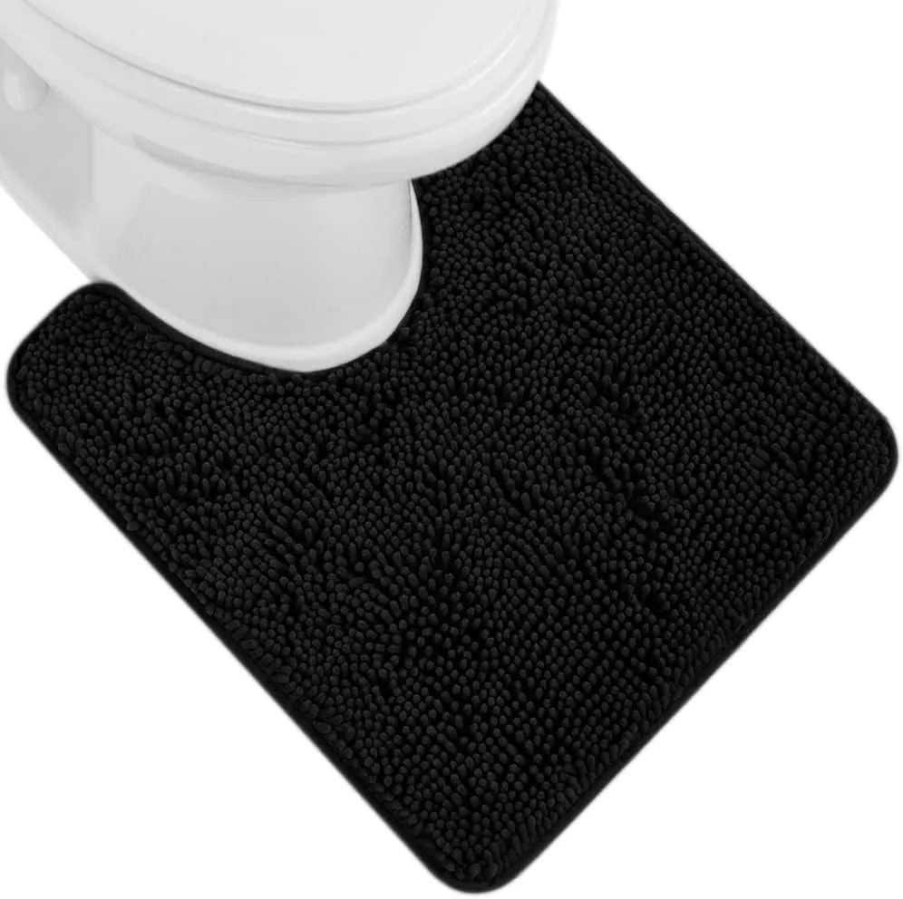 GORILLA GRIP Plush Absorbent Shaggy Chenille Bath Rug Mat for Oval Toilet Base with Rubber Backing, Machine Washable Rugs, Soft Microfiber Contour Mats for Toilets, Bathoom Decor, 22.5x19.5, Black