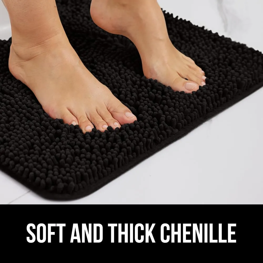 GORILLA GRIP Plush Absorbent Shaggy Chenille Bath Rug Mat for Oval Toilet Base with Rubber Backing, Machine Washable Rugs, Soft Microfiber Contour Mats for Toilets, Bathoom Decor, 22.5x19.5, Black