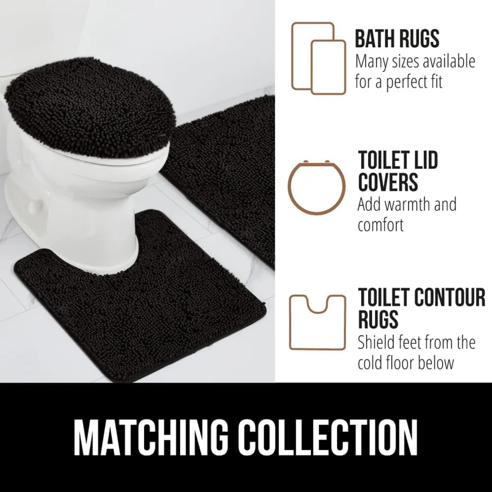 GORILLA GRIP Plush Absorbent Shaggy Chenille Bath Rug Mat for Oval Toilet Base with Rubber Backing, Machine Washable Rugs, Soft Microfiber Contour Mats for Toilets, Bathoom Decor, 22.5x19.5, Black