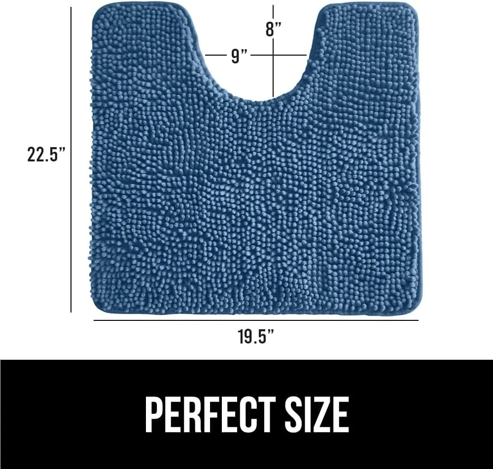 GORILLA GRIP Plush Absorbent Shaggy Chenille Bath Rug Mat for Oval Toilet Base with Rubber Backing, Machine Washable Rugs, Soft Microfiber Contour Mats for Toilets, Bathoom Decor, 22.5x19.5, Blue