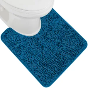 GORILLA GRIP Plush Absorbent Shaggy Chenille Bath Rug Mat for Oval Toilet Base with Rubber Backing, Machine Washable Rugs, Soft Microfiber Contour Mats for Toilets, Bathoom Decor, 22.5x19.5, Blue