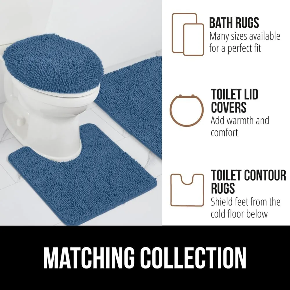 GORILLA GRIP Plush Absorbent Shaggy Chenille Bath Rug Mat for Oval Toilet Base with Rubber Backing, Machine Washable Rugs, Soft Microfiber Contour Mats for Toilets, Bathoom Decor, 22.5x19.5, Blue