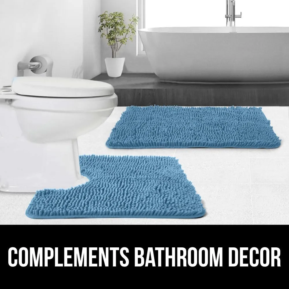 GORILLA GRIP Plush Absorbent Shaggy Chenille Bath Rug Mat for Oval Toilet Base with Rubber Backing, Machine Washable Rugs, Soft Microfiber Contour Mats for Toilets, Bathoom Decor, 22.5x19.5, Blue