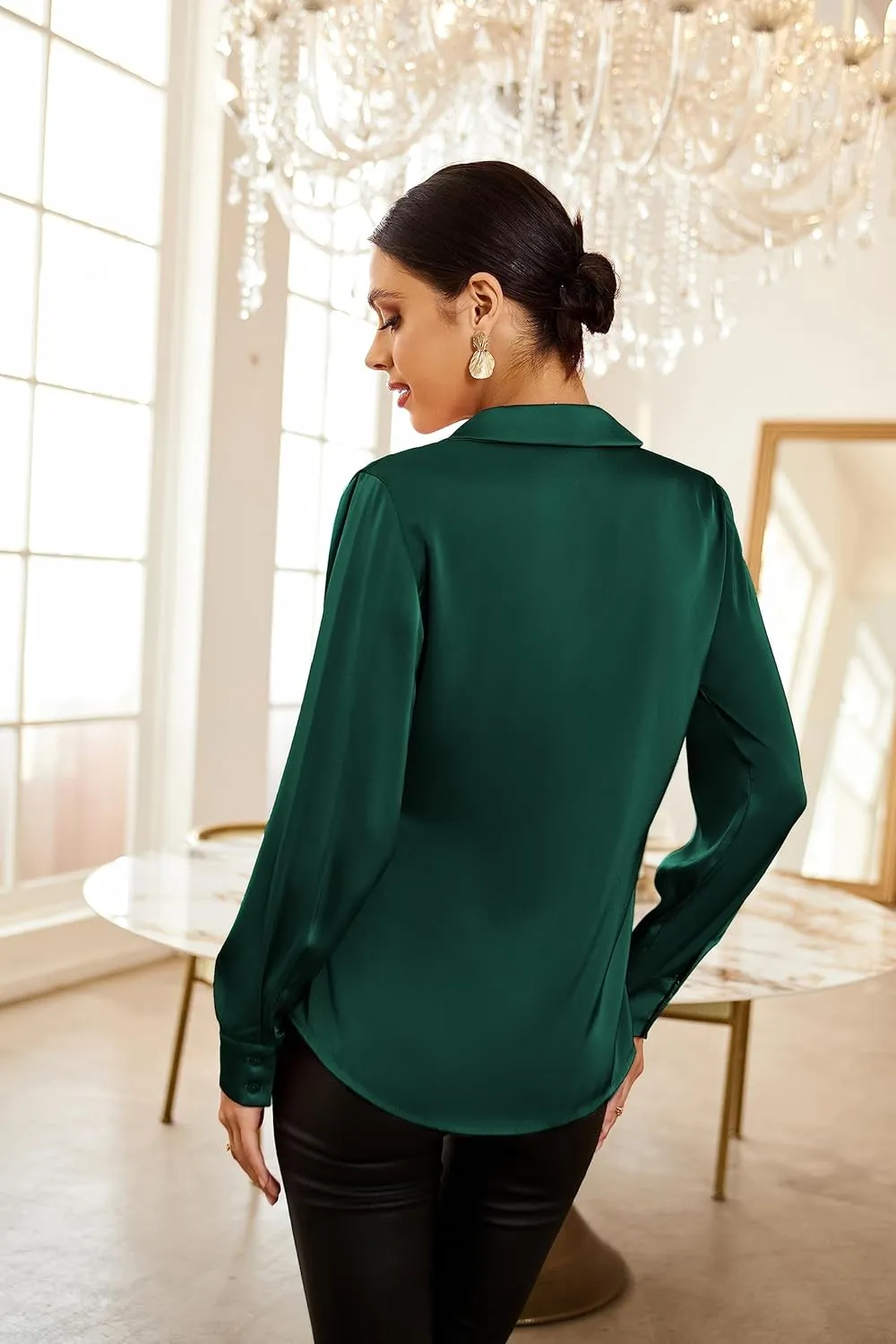 GRACE KARIN Women's Satin Silk Blouses Wrap V Neck Shirts Long Sleeve Elegant Tie Waist Office Formal Work Tunic PulloverTops