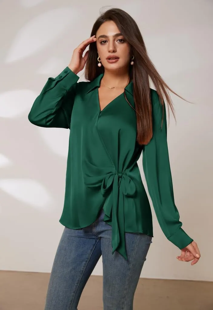 GRACE KARIN Women's Satin Silk Blouses Wrap V Neck Shirts Long Sleeve Elegant Tie Waist Office Formal Work Tunic PulloverTops