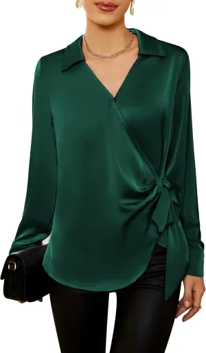 GRACE KARIN Women's Satin Silk Blouses Wrap V Neck Shirts Long Sleeve Elegant Tie Waist Office Formal Work Tunic PulloverTops