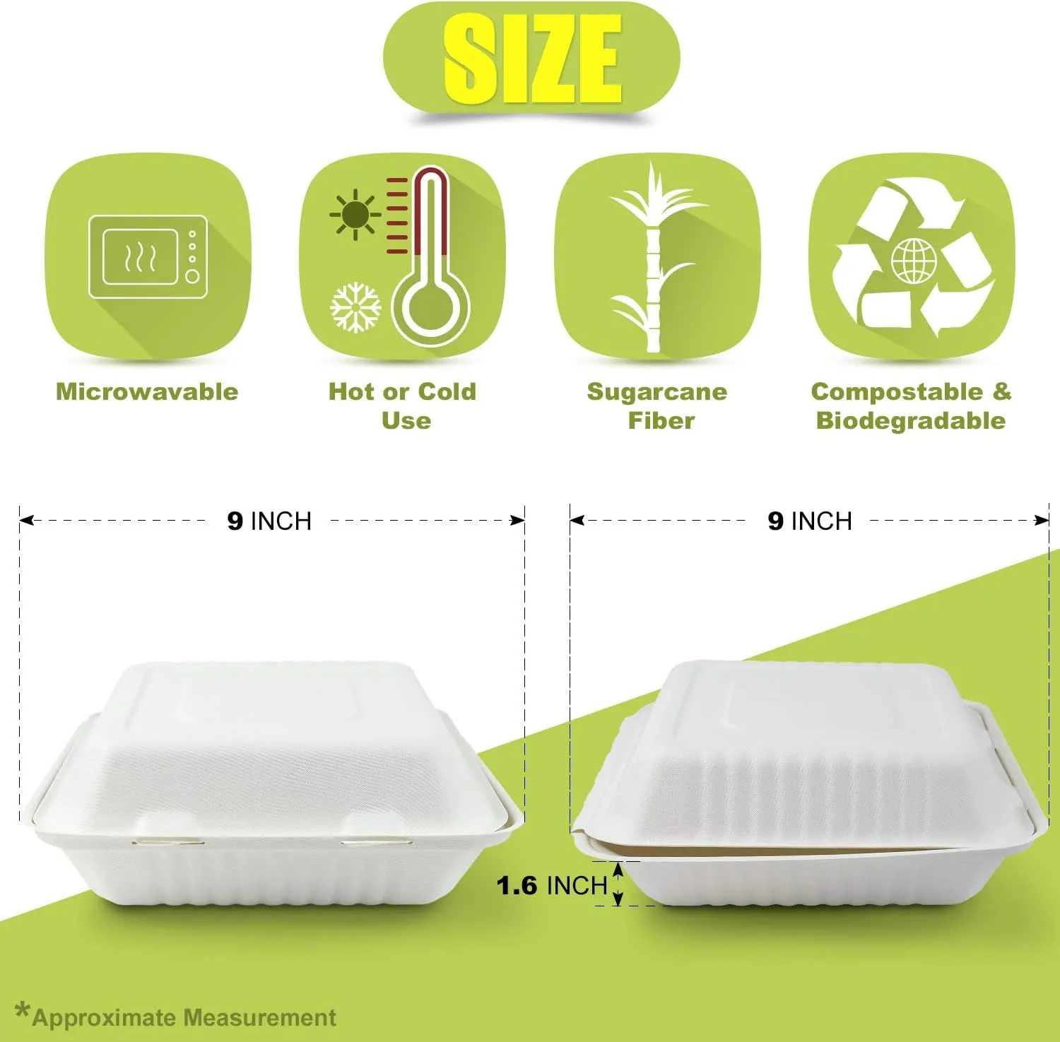 Green Earth 9-Inch, 100-Count, 1-Compartment, Compostable Clamshell, Natural Bagasse, Take-Out/to-Go Food Boxes - Biodegradable Containers