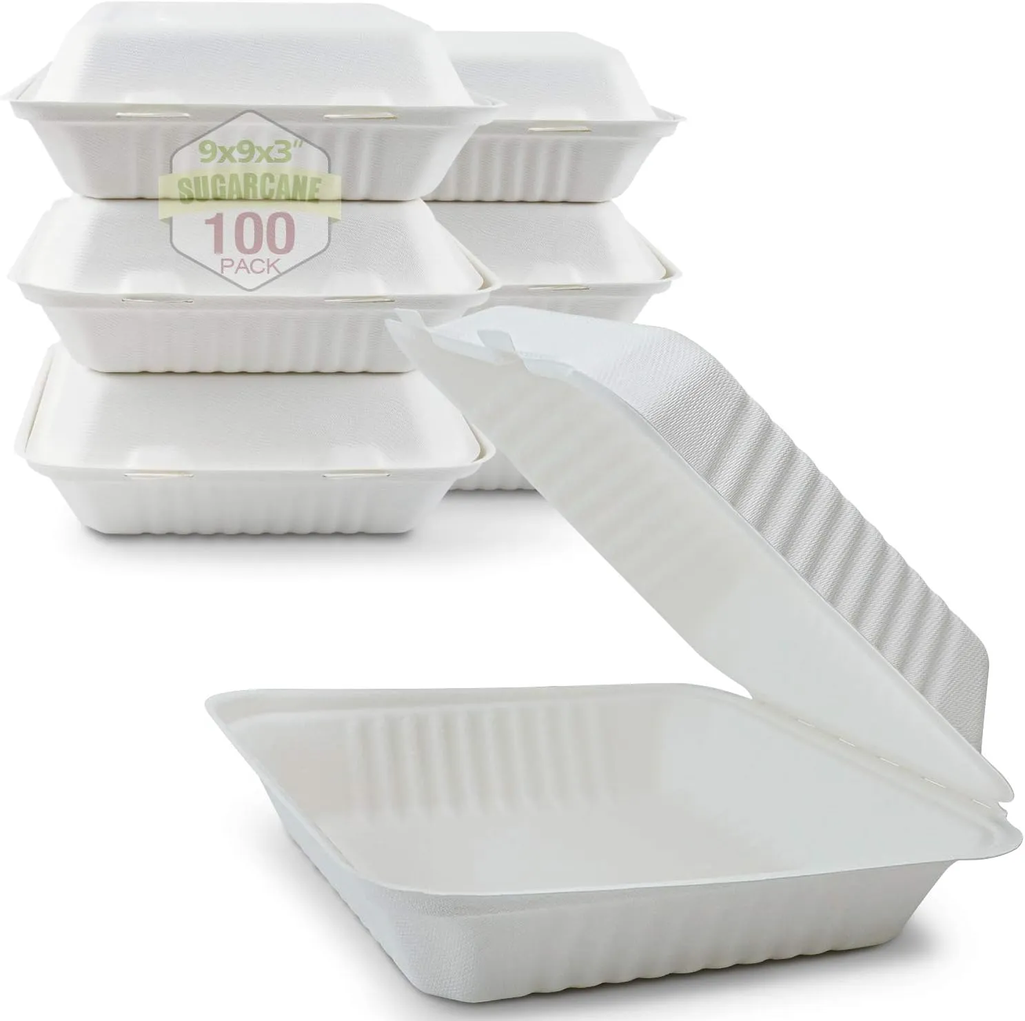 Green Earth 9-Inch, 100-Count, 1-Compartment, Compostable Clamshell, Natural Bagasse, Take-Out/to-Go Food Boxes - Biodegradable Containers