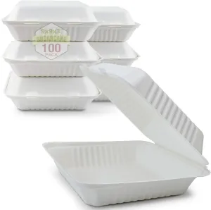 Green Earth 9-Inch, 100-Count, 1-Compartment, Compostable Clamshell, Natural Bagasse, Take-Out/to-Go Food Boxes - Biodegradable Containers