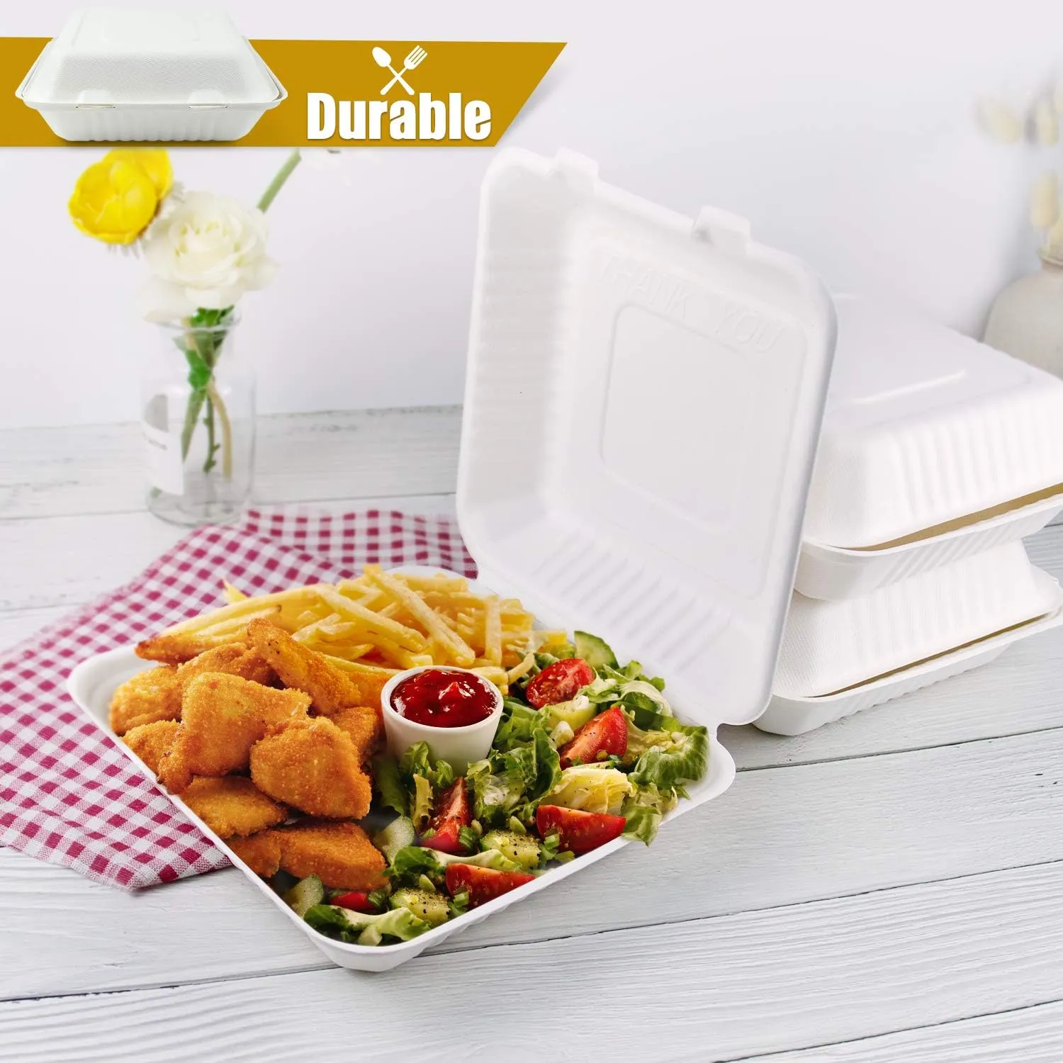 Green Earth 9-Inch, 100-Count, 1-Compartment, Compostable Clamshell, Natural Bagasse, Take-Out/to-Go Food Boxes - Biodegradable Containers