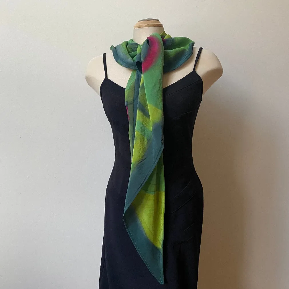 Green hand painted silk wrap, art scarf, designer scarf