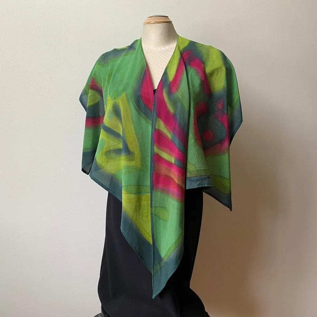 Green hand painted silk wrap, art scarf, designer scarf