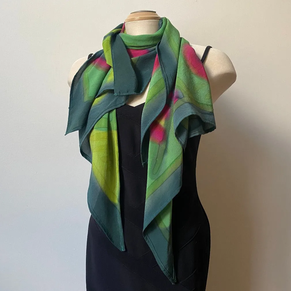 Green hand painted silk wrap, art scarf, designer scarf