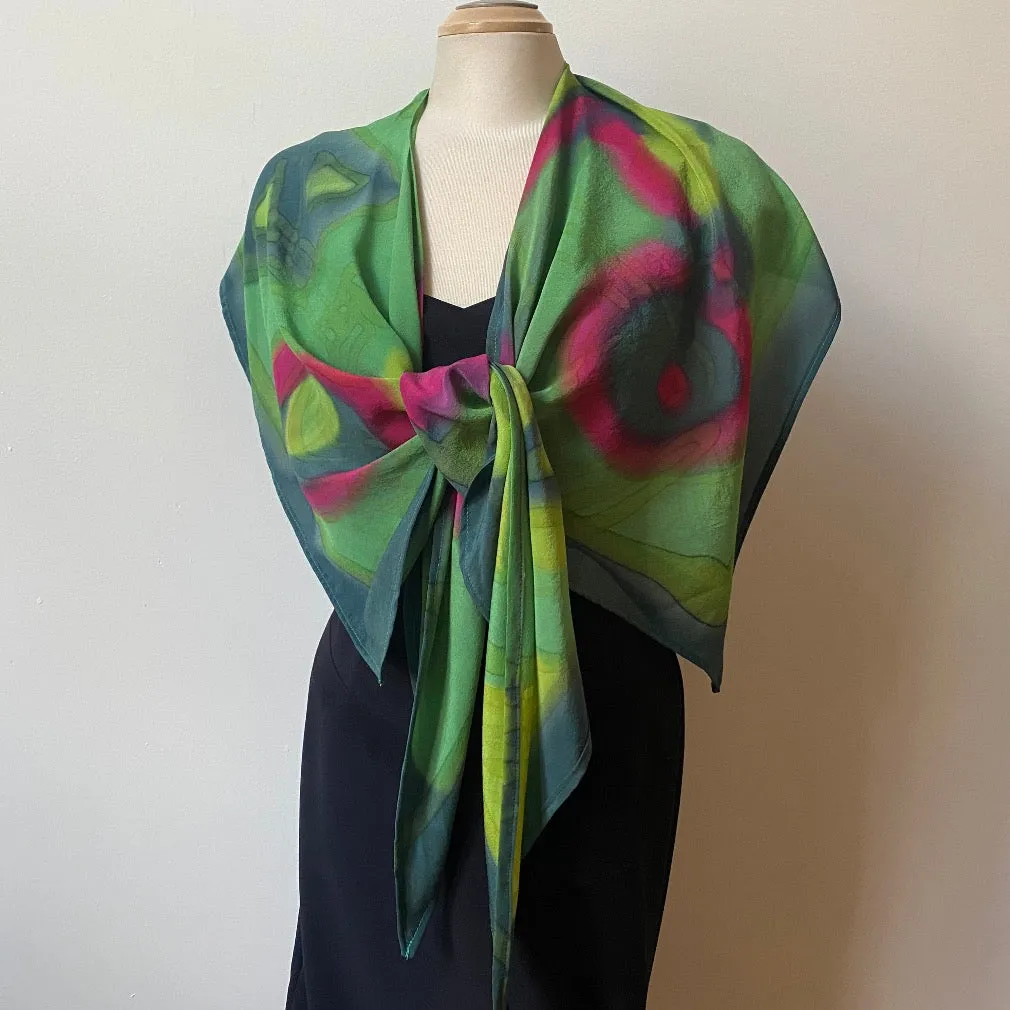 Green hand painted silk wrap, art scarf, designer scarf