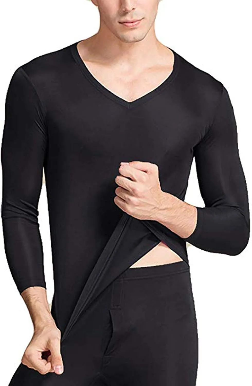 Grenasasilk Men's Silk Long Johns Mulberry Silk Long Underwear V-Neck Breathable Thermal Underwear Sets & Undergarments