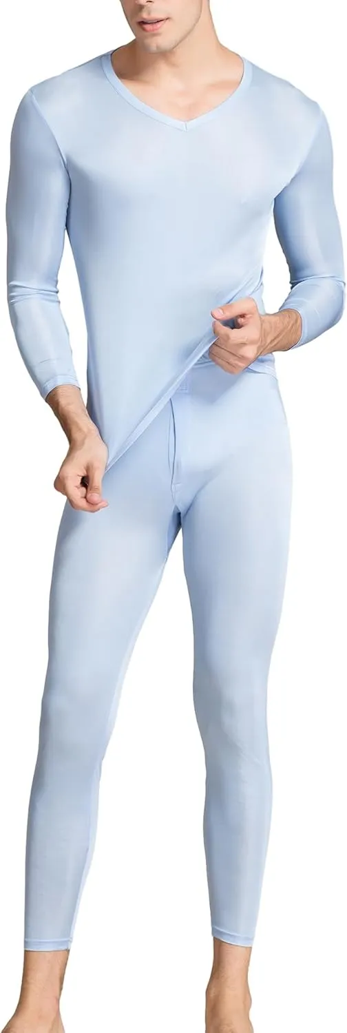 Grenasasilk Men's Silk Long Johns Mulberry Silk Long Underwear V-Neck Breathable Thermal Underwear Sets & Undergarments