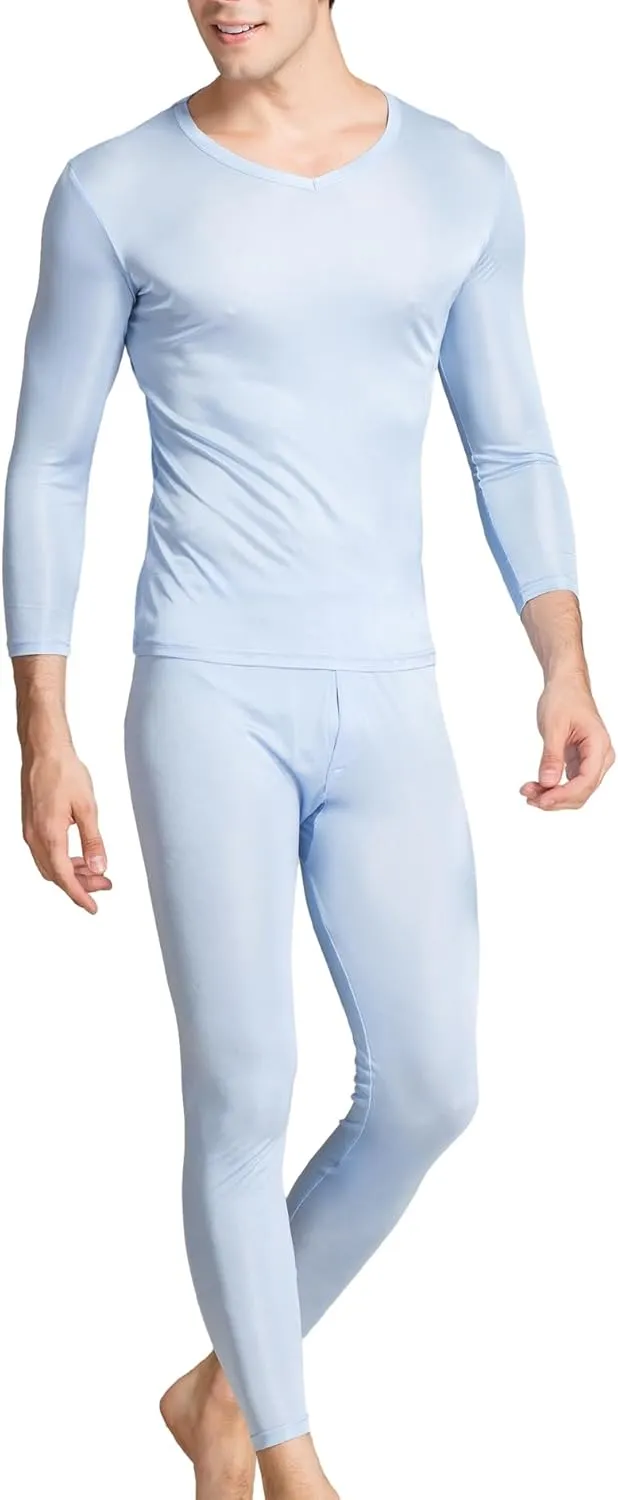 Grenasasilk Men's Silk Long Johns Mulberry Silk Long Underwear V-Neck Breathable Thermal Underwear Sets & Undergarments