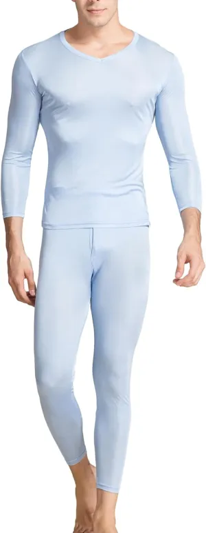 Grenasasilk Men's Silk Long Johns Mulberry Silk Long Underwear V-Neck Breathable Thermal Underwear Sets & Undergarments