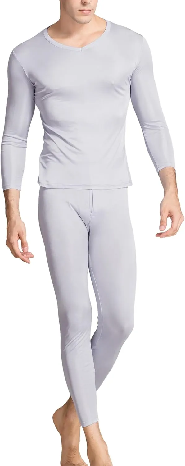 Grenasasilk Men's Silk Long Johns Mulberry Silk Long Underwear V-Neck Breathable Thermal Underwear Sets & Undergarments
