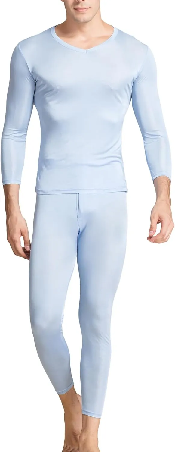 Grenasasilk Men's Silk Long Johns Mulberry Silk Long Underwear V-Neck Breathable Thermal Underwear Sets & Undergarments