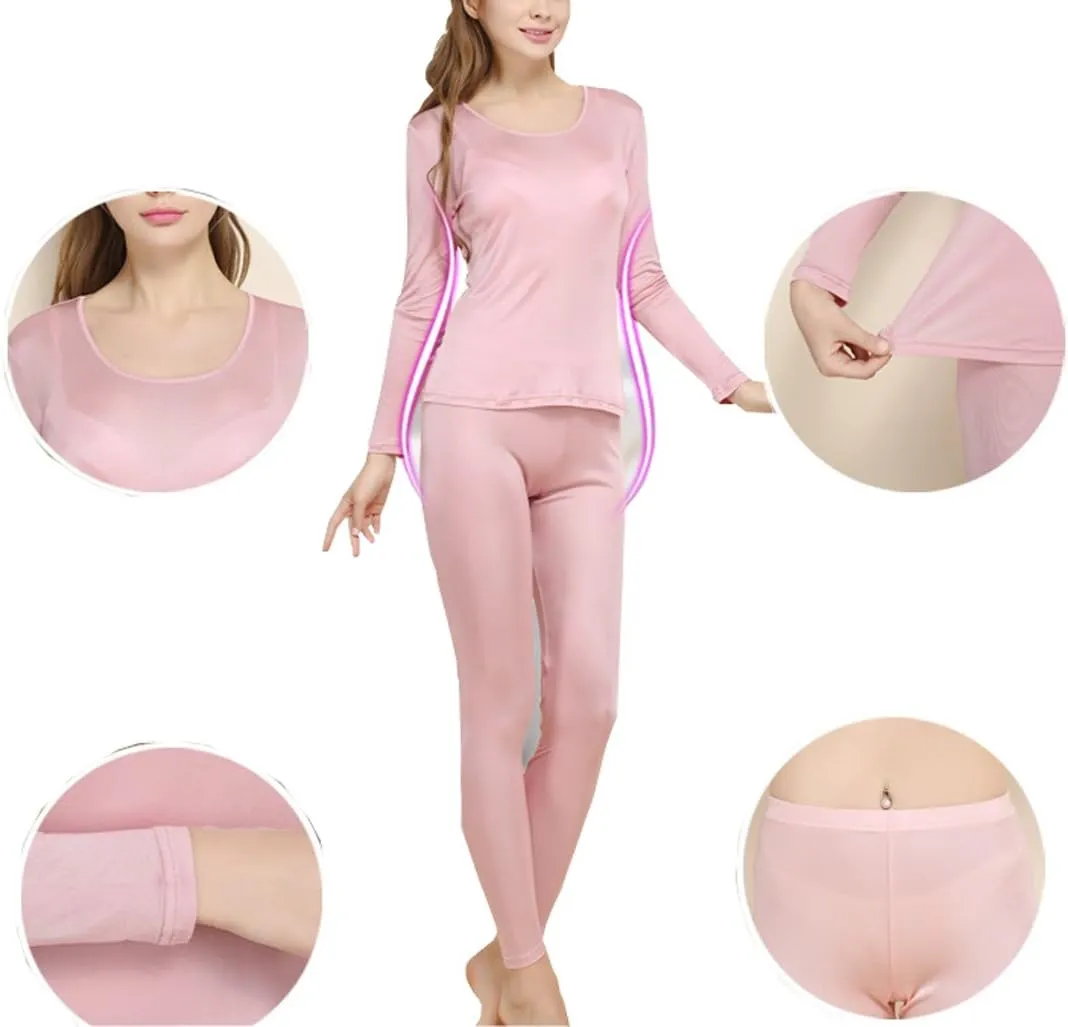 Grenasasilk Womens Silk Long Underwear Mulberry Silk Long Johns Silk Thermal Underwear Sets Cold Weather Base Layer