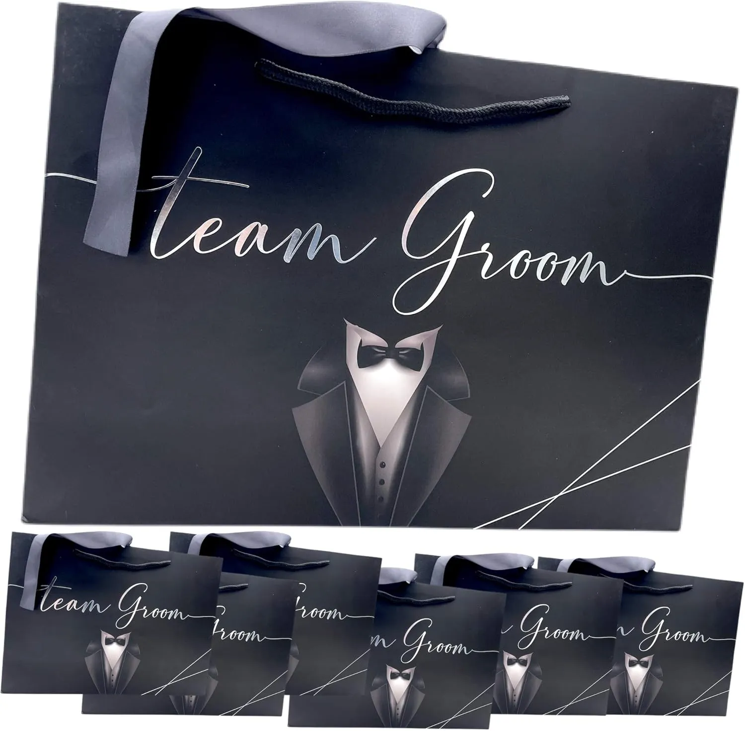Groomsmen Gift Bags, 14"x10"x4.5" Euro Style, Premium Matte With Handle & Satin Ribbon, Set Of 7. In Silver Foil For Groomsmen Proposal , Bachelor Favors or Team Groom Gifts. (Black & Silver Foil, 7)