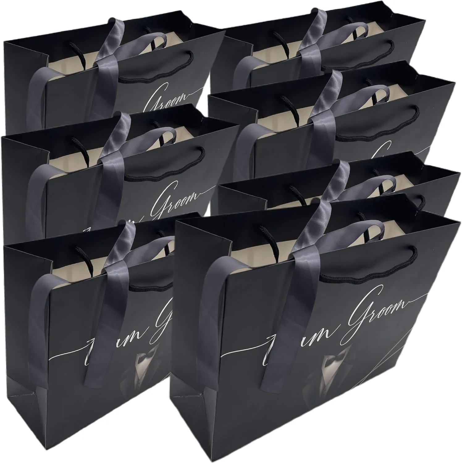 Groomsmen Gift Bags, 14"x10"x4.5" Euro Style, Premium Matte With Handle & Satin Ribbon, Set Of 7. In Silver Foil For Groomsmen Proposal , Bachelor Favors or Team Groom Gifts. (Black & Silver Foil, 7)