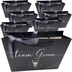 Groomsmen Gift Bags, 14"x10"x4.5" Euro Style, Premium Matte With Handle & Satin Ribbon, Set Of 7. In Silver Foil For Groomsmen Proposal , Bachelor Favors or Team Groom Gifts. (Black & Silver Foil, 7)