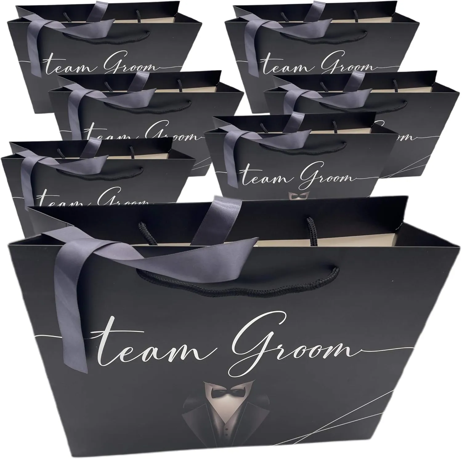 Groomsmen Gift Bags, 14"x10"x4.5" Euro Style, Premium Matte With Handle & Satin Ribbon, Set Of 7. In Silver Foil For Groomsmen Proposal , Bachelor Favors or Team Groom Gifts. (Black & Silver Foil, 7)