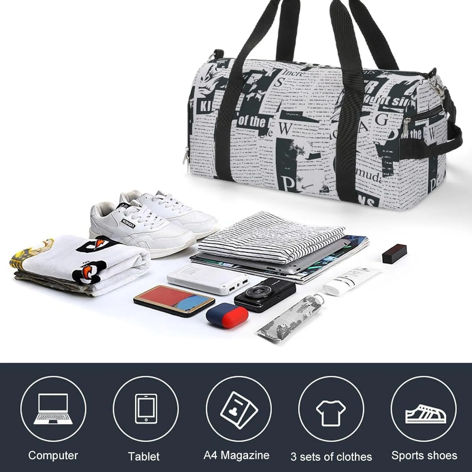 Gym Duffel Bag with Shoe Compartment Wet Pocket, Collage Newspaper Travel Bag for Men Women