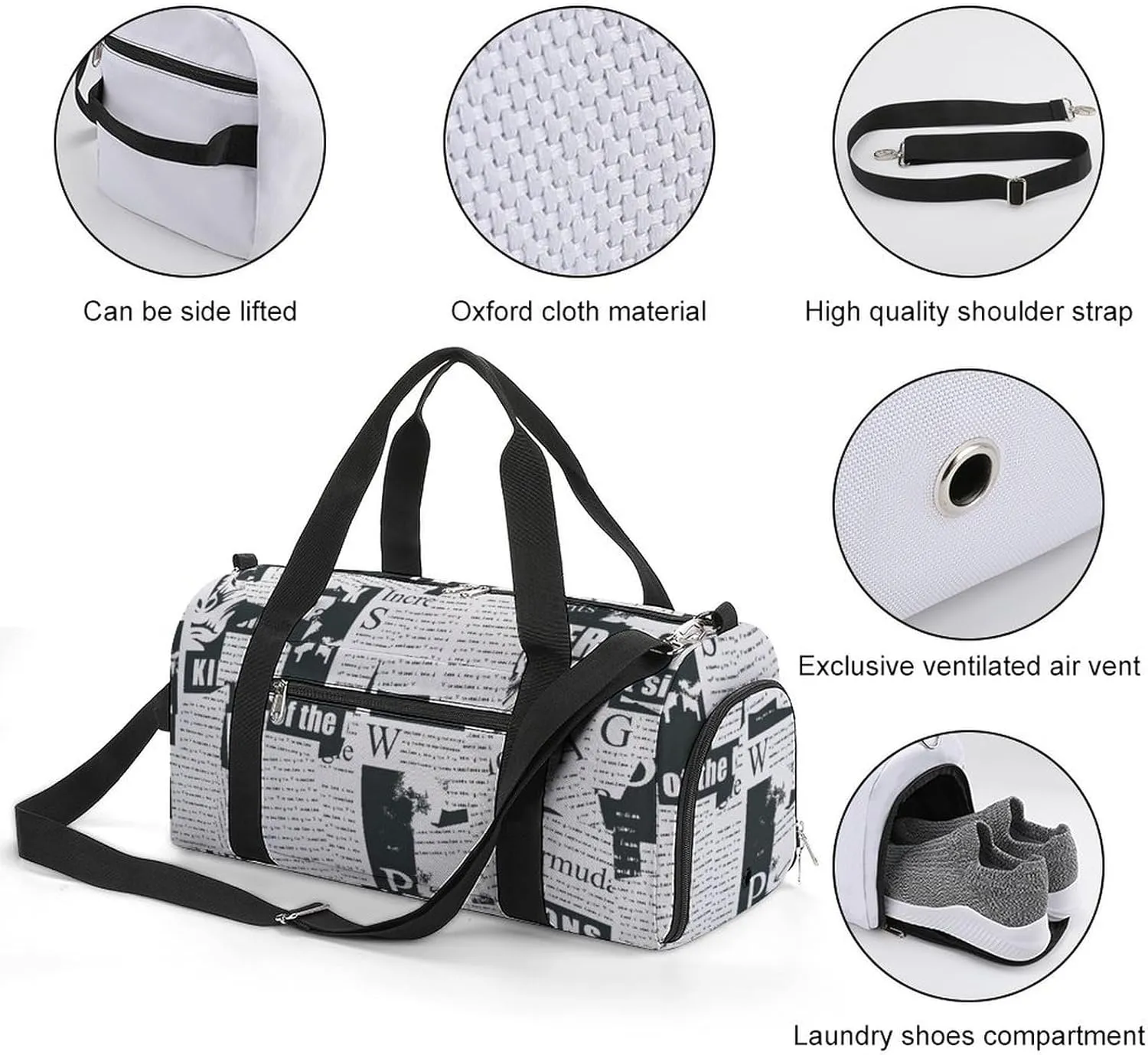 Gym Duffel Bag with Shoe Compartment Wet Pocket, Collage Newspaper Travel Bag for Men Women