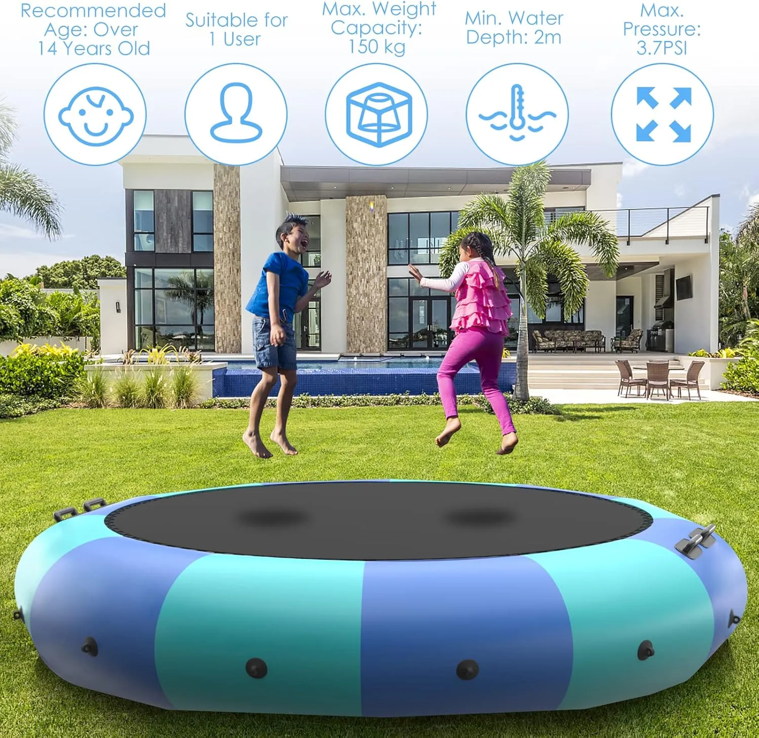 GYMAX Water Trampoline, Floating Lake Trampoline with Electric Pump & Rope Ladder, Inflatable Water Bouncer for Lake, Heavy Duty for Adults