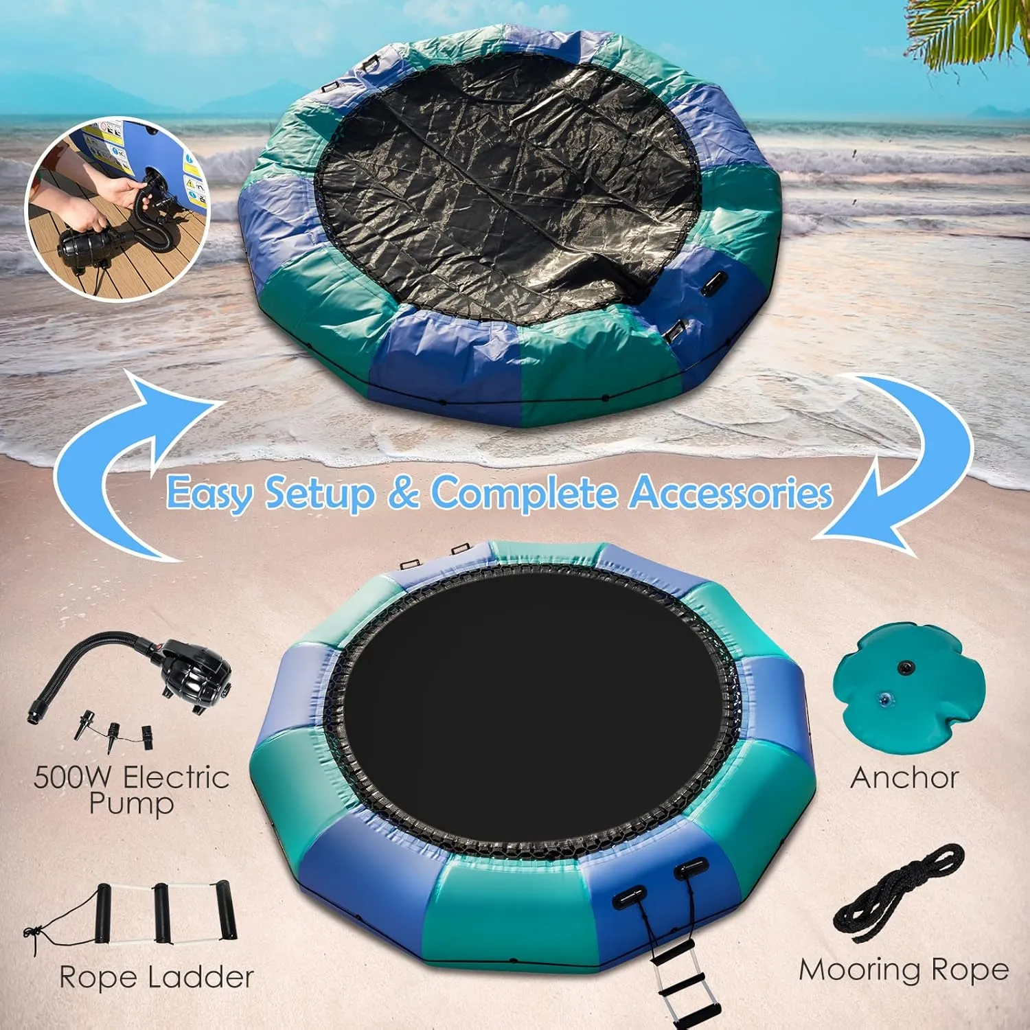 GYMAX Water Trampoline, Floating Lake Trampoline with Electric Pump & Rope Ladder, Inflatable Water Bouncer for Lake, Heavy Duty for Adults