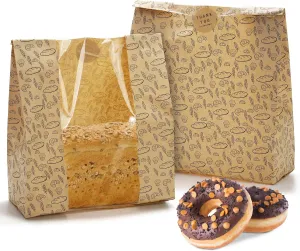 Hacaroa 100 Pack Paper Bread Bags with Clear Window, 10.8"x10"x4" Kraft Bakery Bag with 100 Stickers, Brown Toast Packaging Bags for Sourdough Bread, Cookie