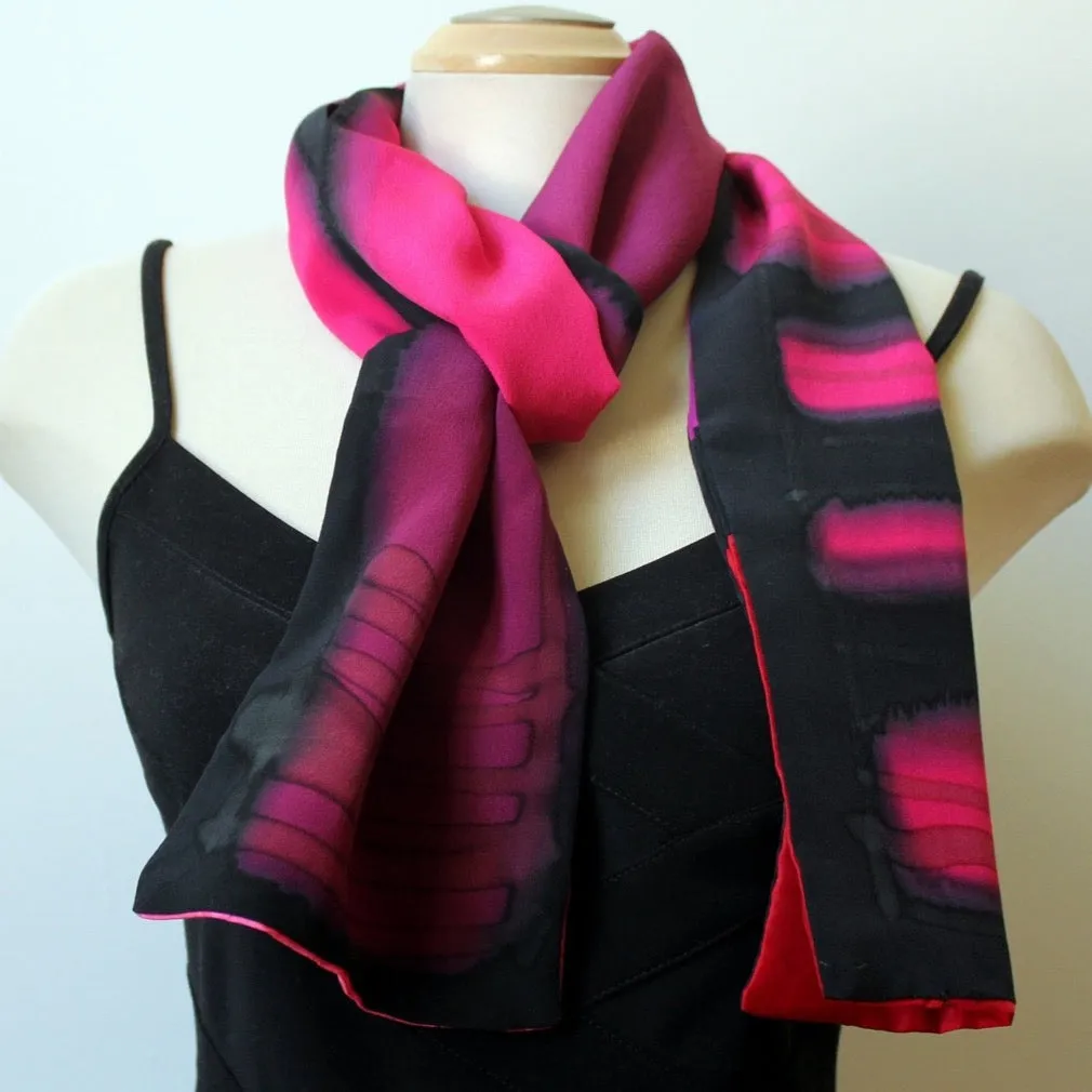 Hand Painted Silk Red Pieced Scarf, 64" x7.5" double silk