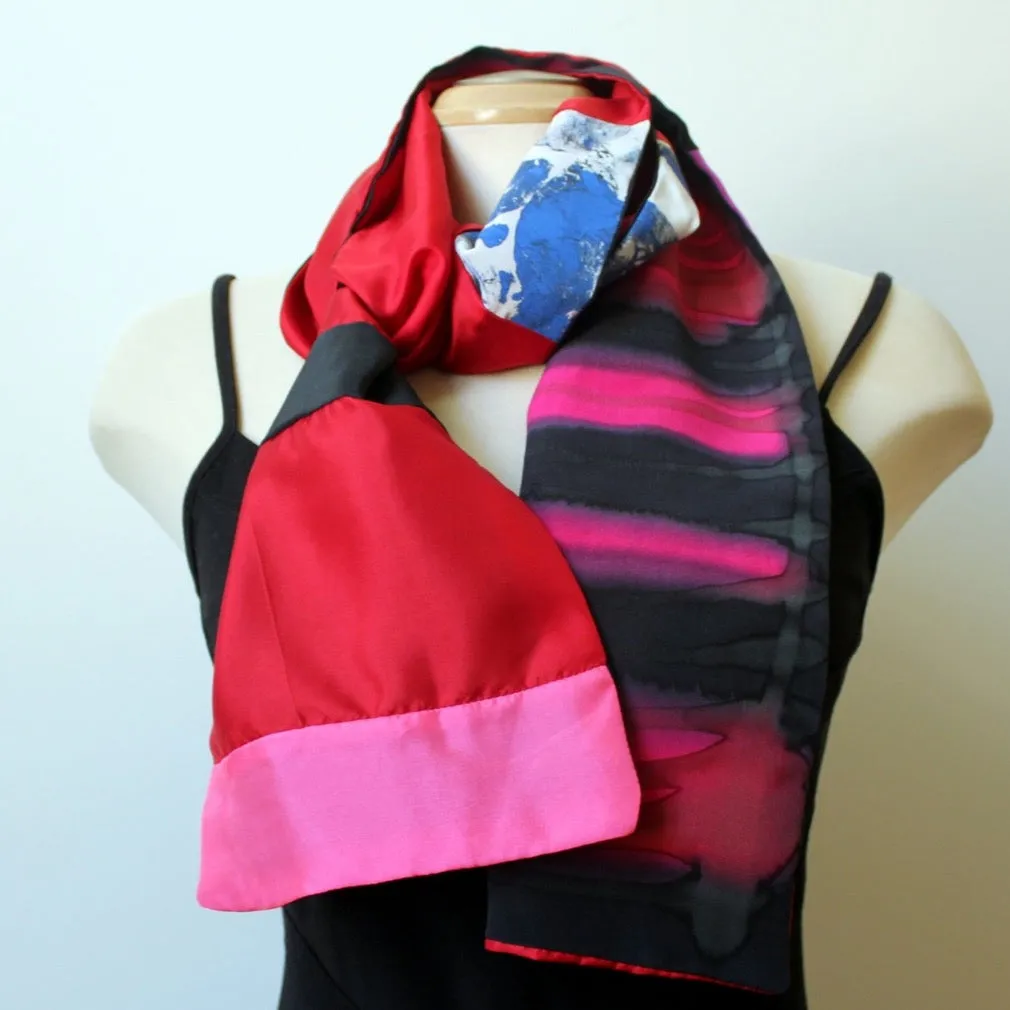 Hand Painted Silk Red Pieced Scarf, 64" x7.5" double silk